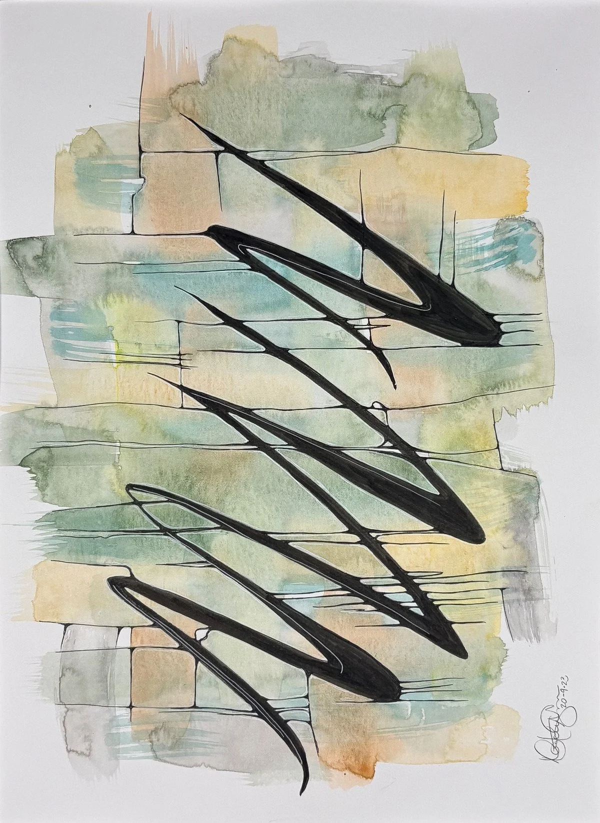 Graffiti sur le mur de mon indifférence - aquarelle et encre, 9x12, 100$