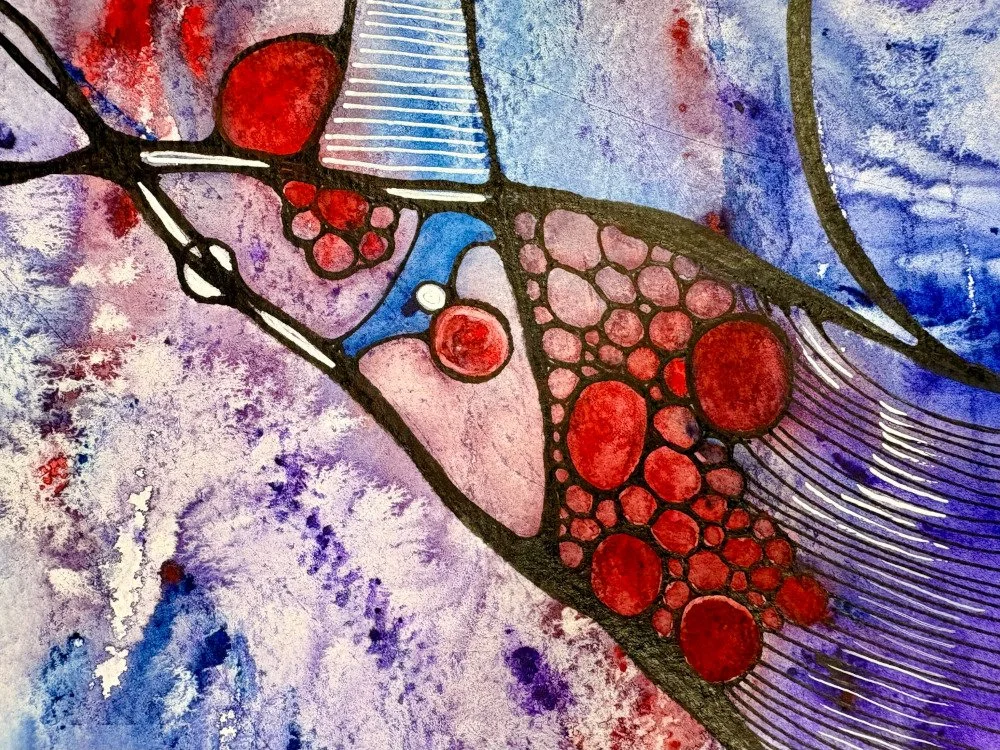 Détail de l'aquarelle aux couleurs bleues réalisée par Martine Giguère