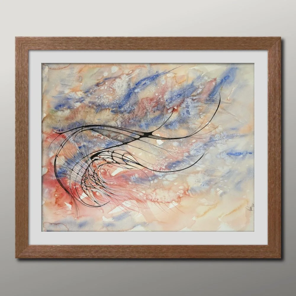 Exemple de cadre de l'aquarelle rouge et bleu réalisée par Martine Giguère