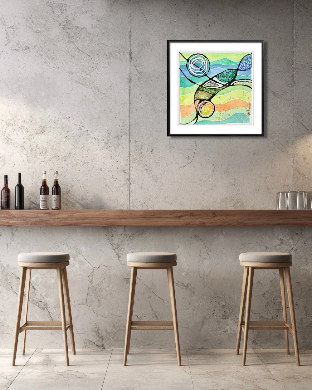 Exemple de décor de l'aquarelle aux tons aquatiques réalisée par Martine Giguère