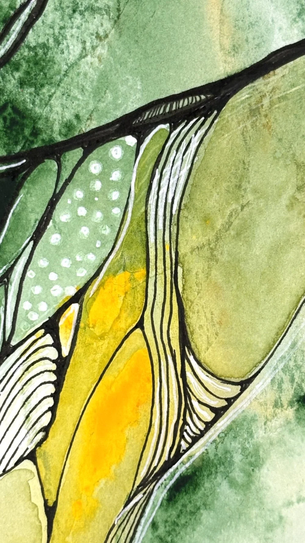 Détail de l'aquarelle aux teintes jaune et vert réalisée par Martine Giguère