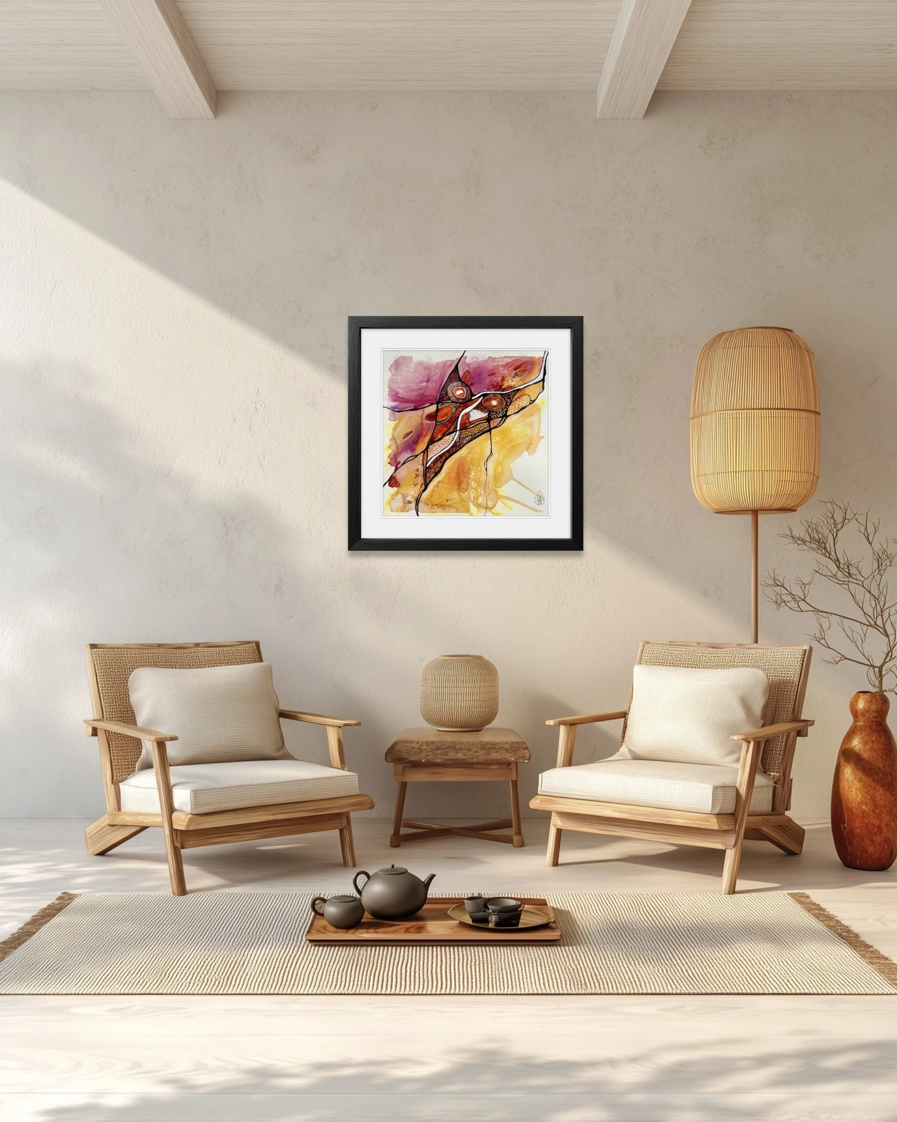 Exemple de décor de l'aquarelle aux tons de rouge réalisée par Martine Giguère