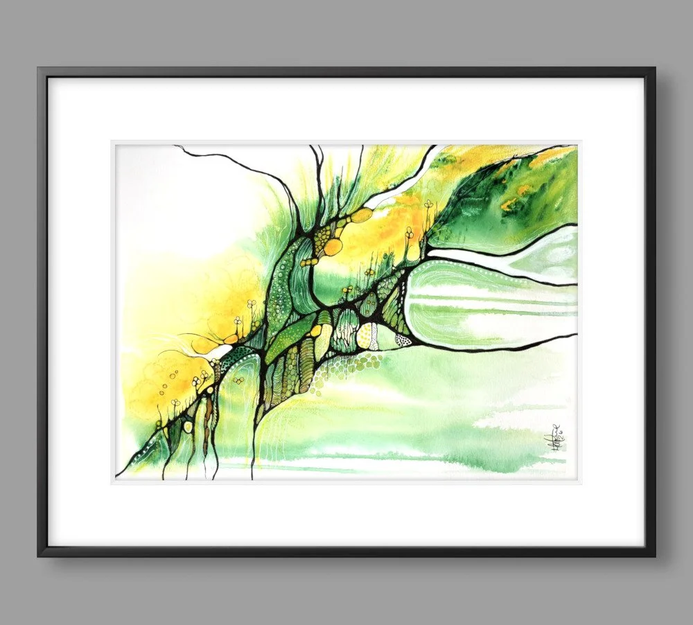 Exemple de cadre de l'aquarelle aux teintes jaune et vert réalisée par Martine Giguère