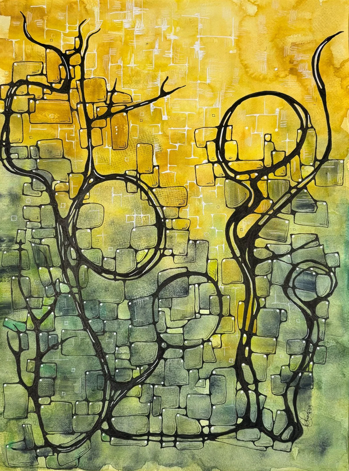 L'arbre en boite - aquarelle et encre, 12x16, 200$