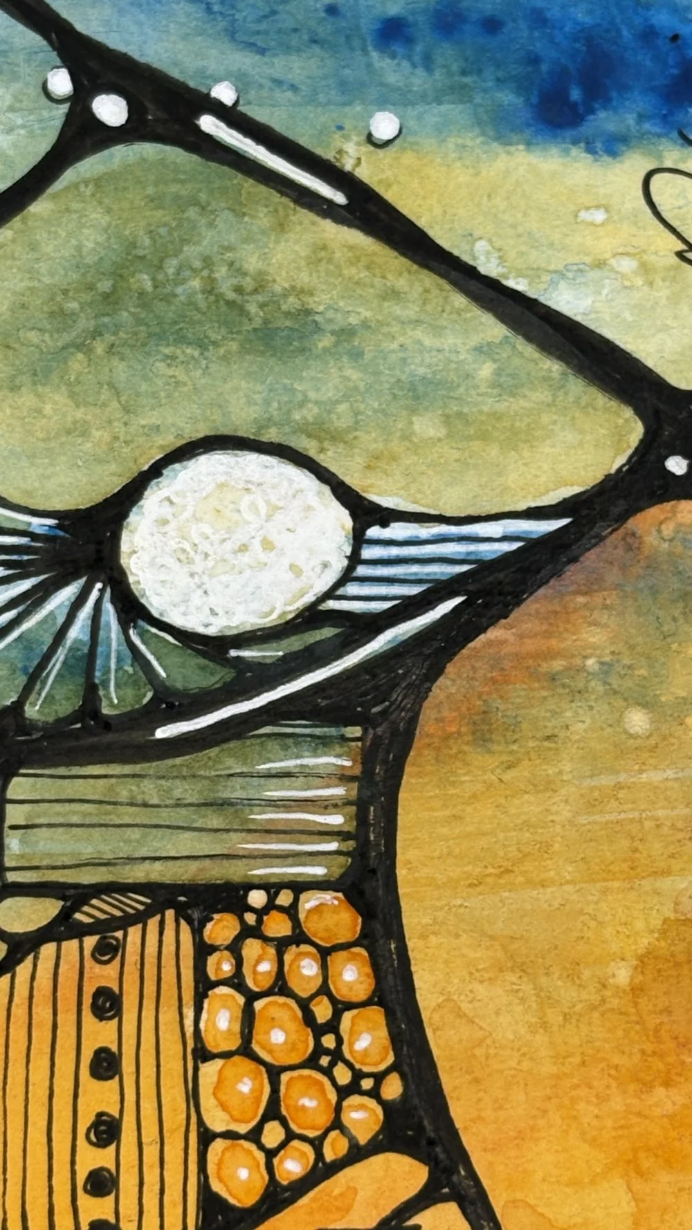 Détail de l'aquarelle aux tons de jaune et bleu réalisée par Martine Giguère