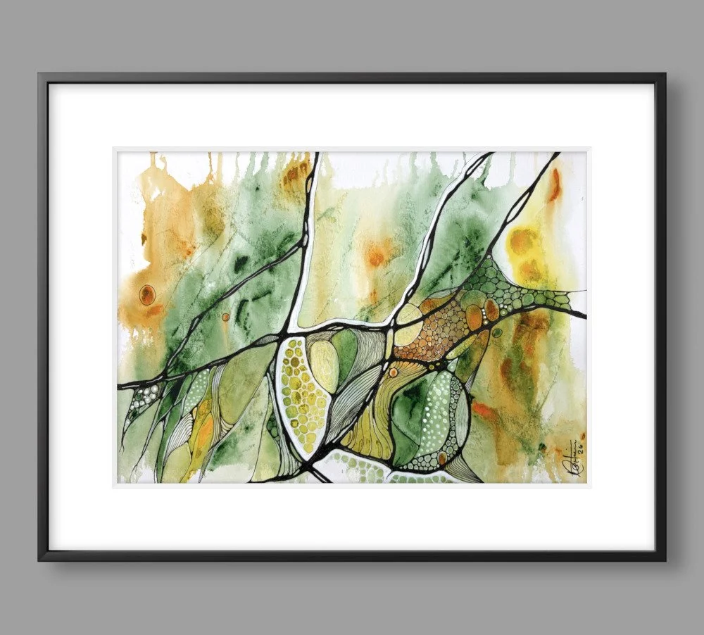 Exemple de cadre de l'aquarelle aux teintes jaune et vert réalisée par Martine Giguère