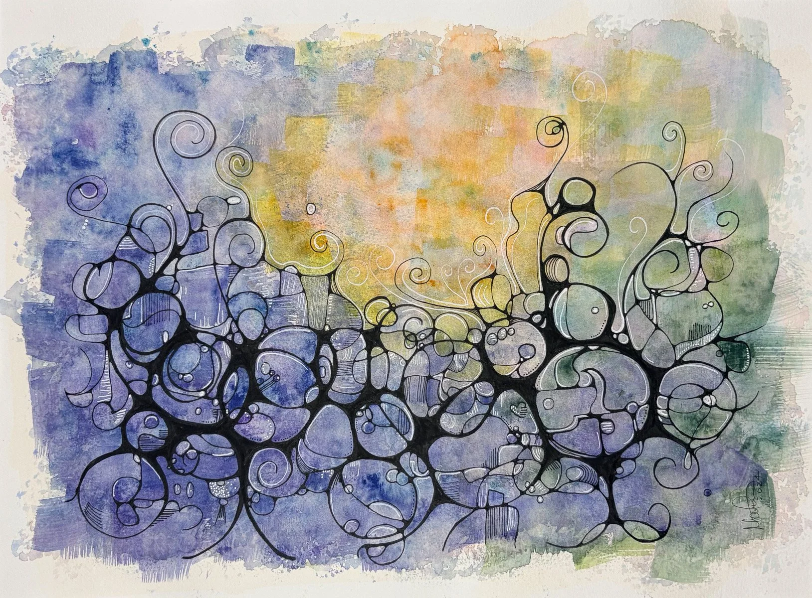 Chenille décomposée - aquarelle et encre, 12x16, 200$