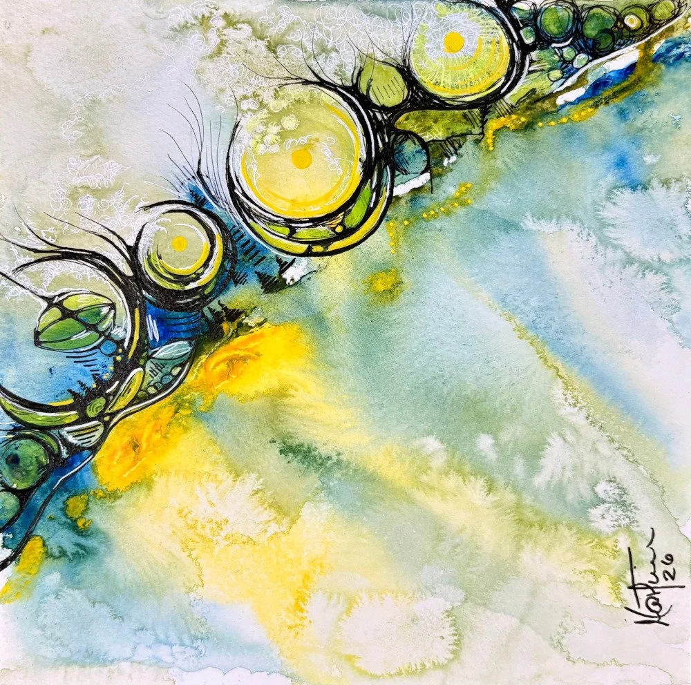 Aquarelle aux tons jaunes et bleus réalisée par Martine Giguère