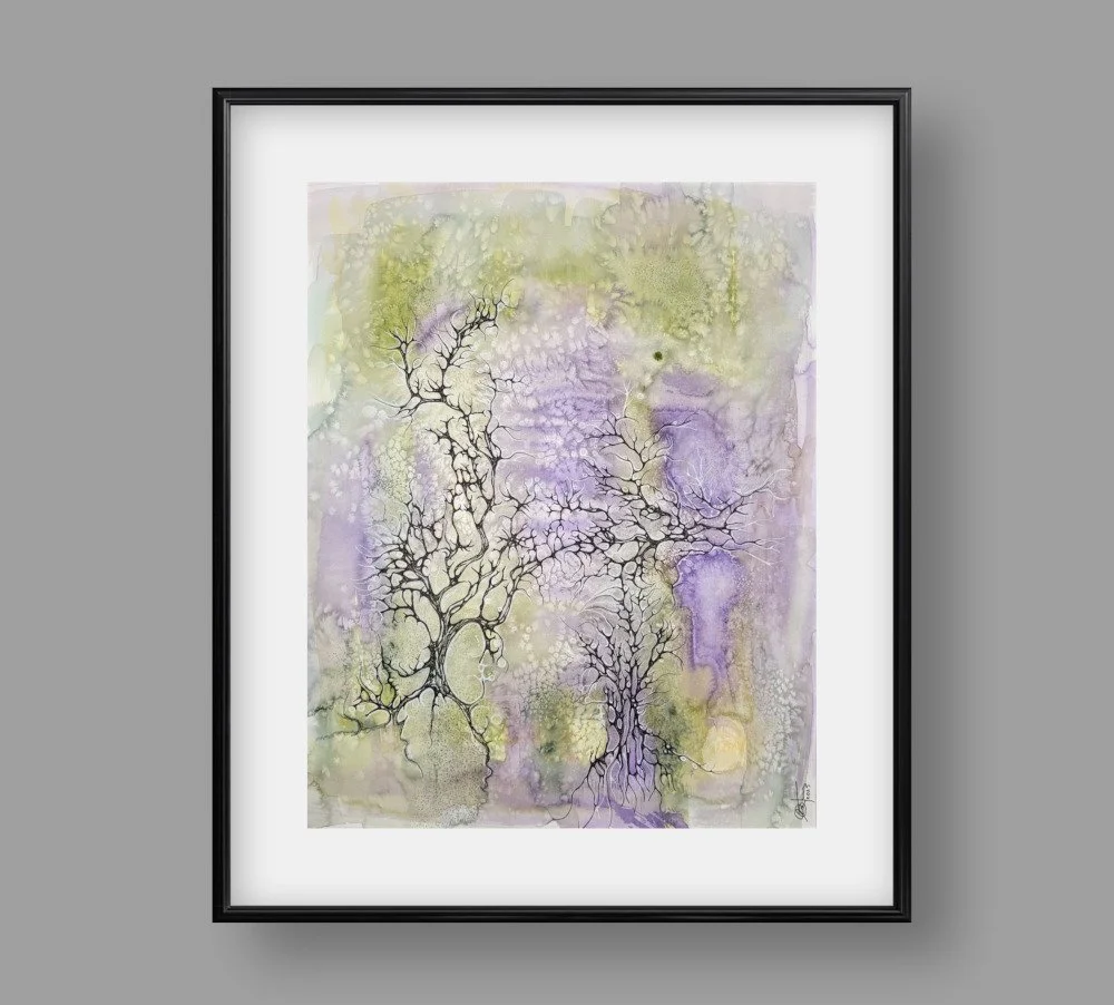 Exemple de cadre de l'aquarelle violet et vert réalisée par Martine Giguère