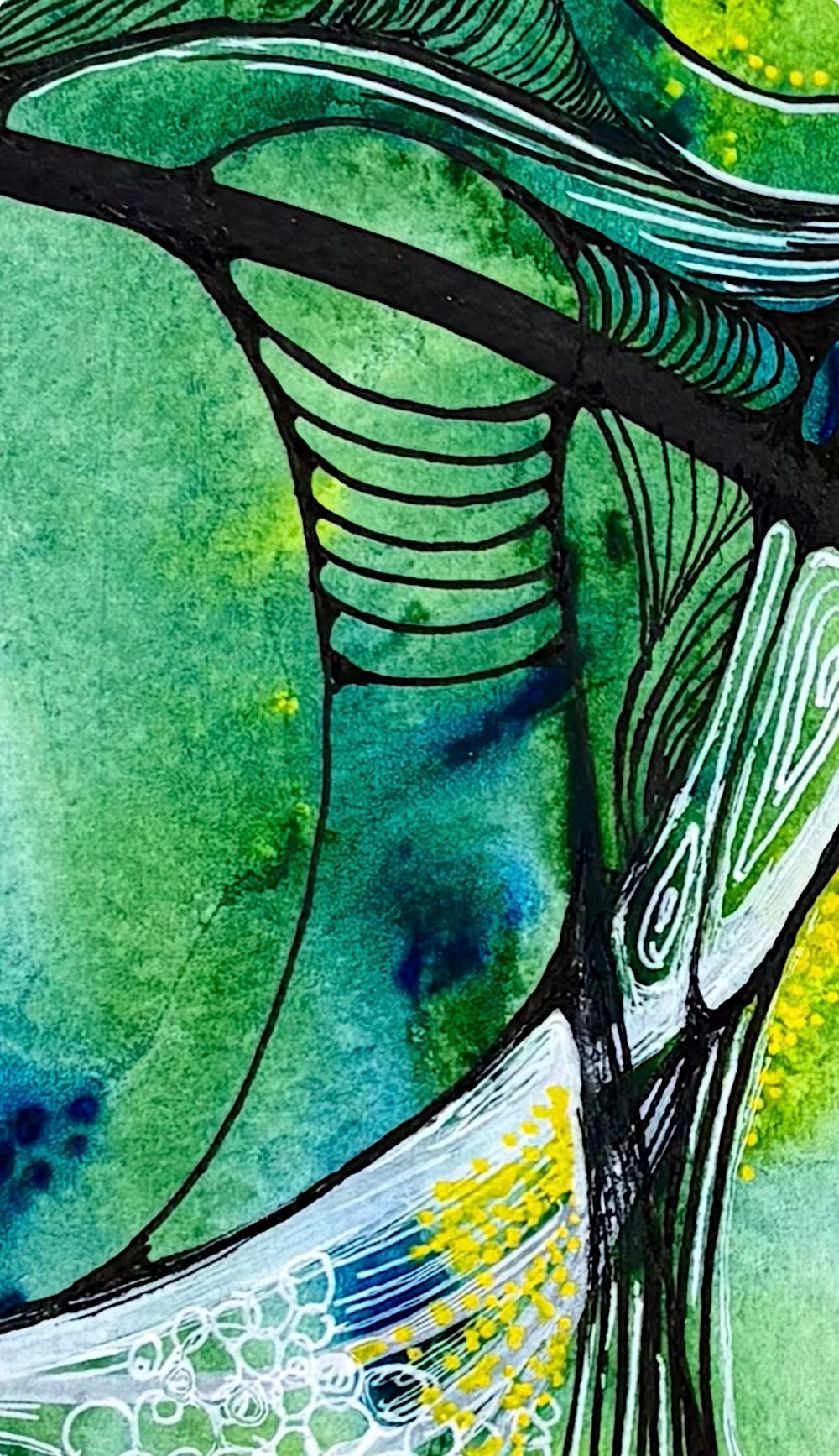 Détail de l'aquarelle jaune et vert réalisée par Martine Giguère