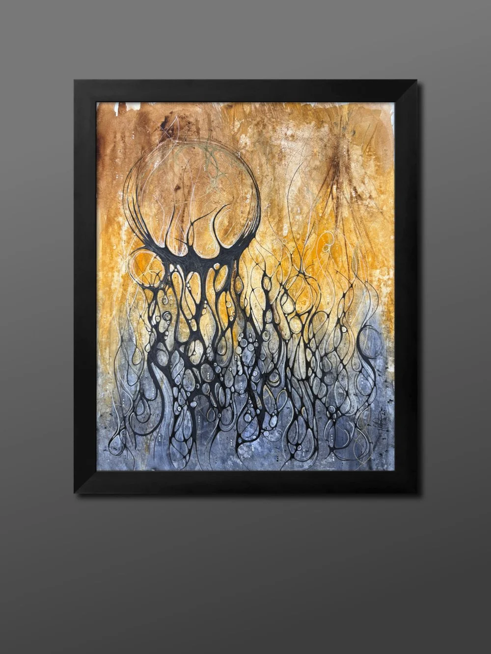 Exemple de cadre l'aquarelle bleu et orange réalisée par Martine Giguère