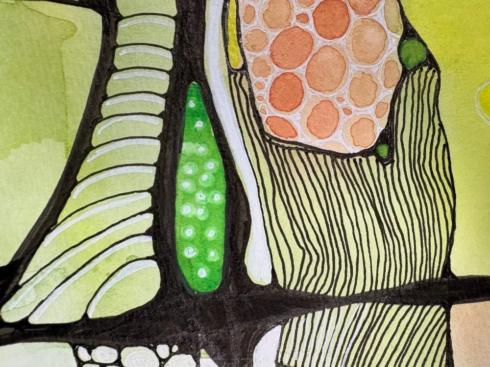 Détail de l'aquarelle aux couleurs paisibles réalisée par Martine Giguère