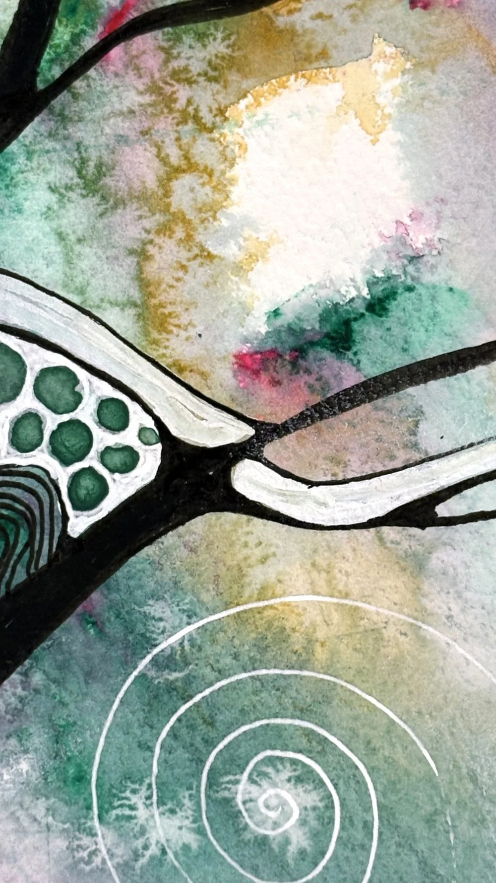 Détail de l'aquarelle aux couleurs flamboyantes réalisée par Martine Giguère
