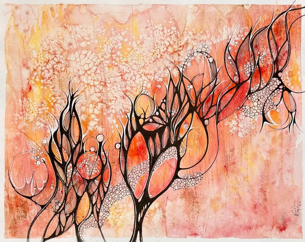 Aquarelle abstraite aux tons orangers- Martine Giguère
