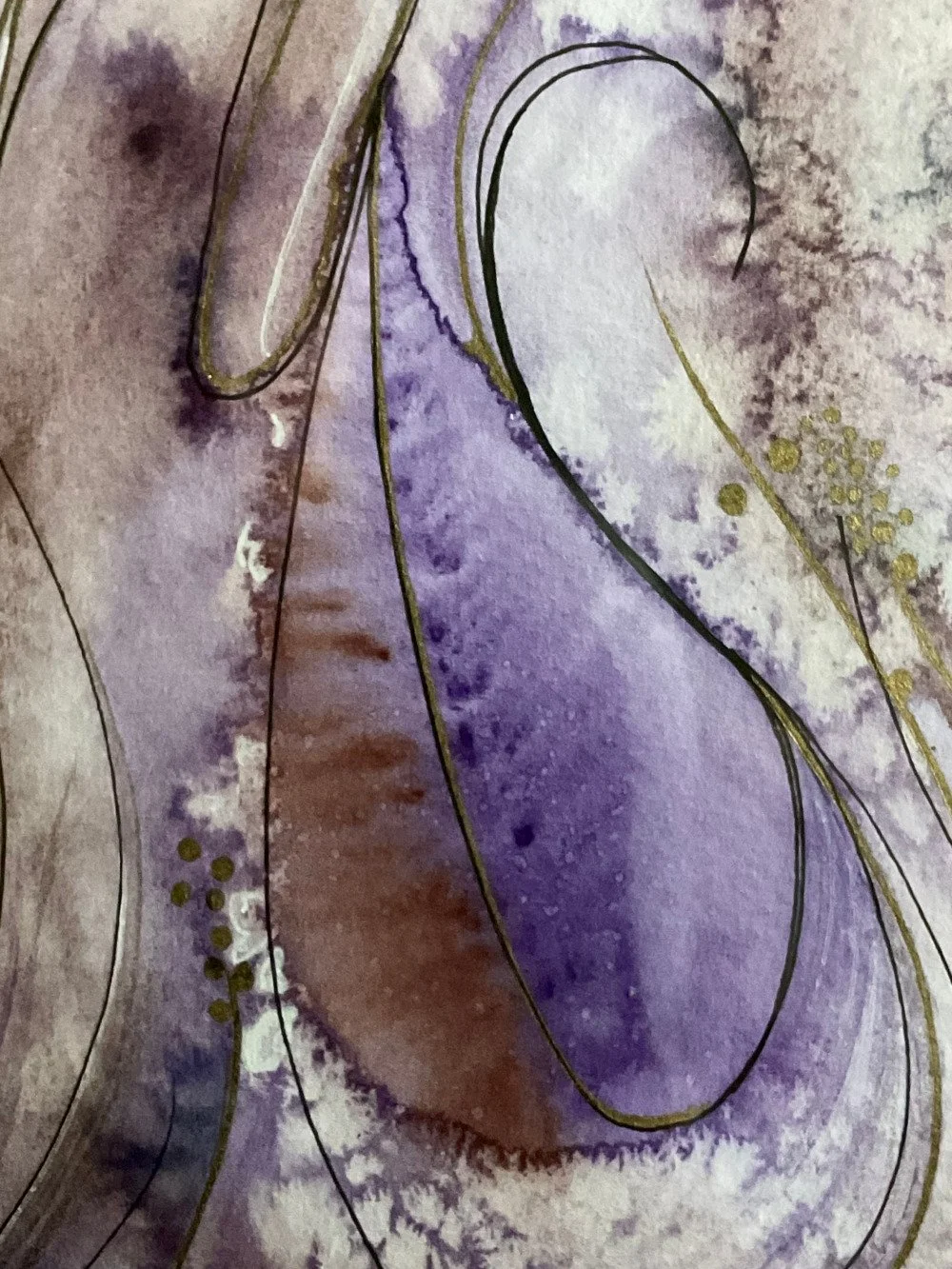 Détail de l'aquarelle violet et doré réalisée par Martine Giguère