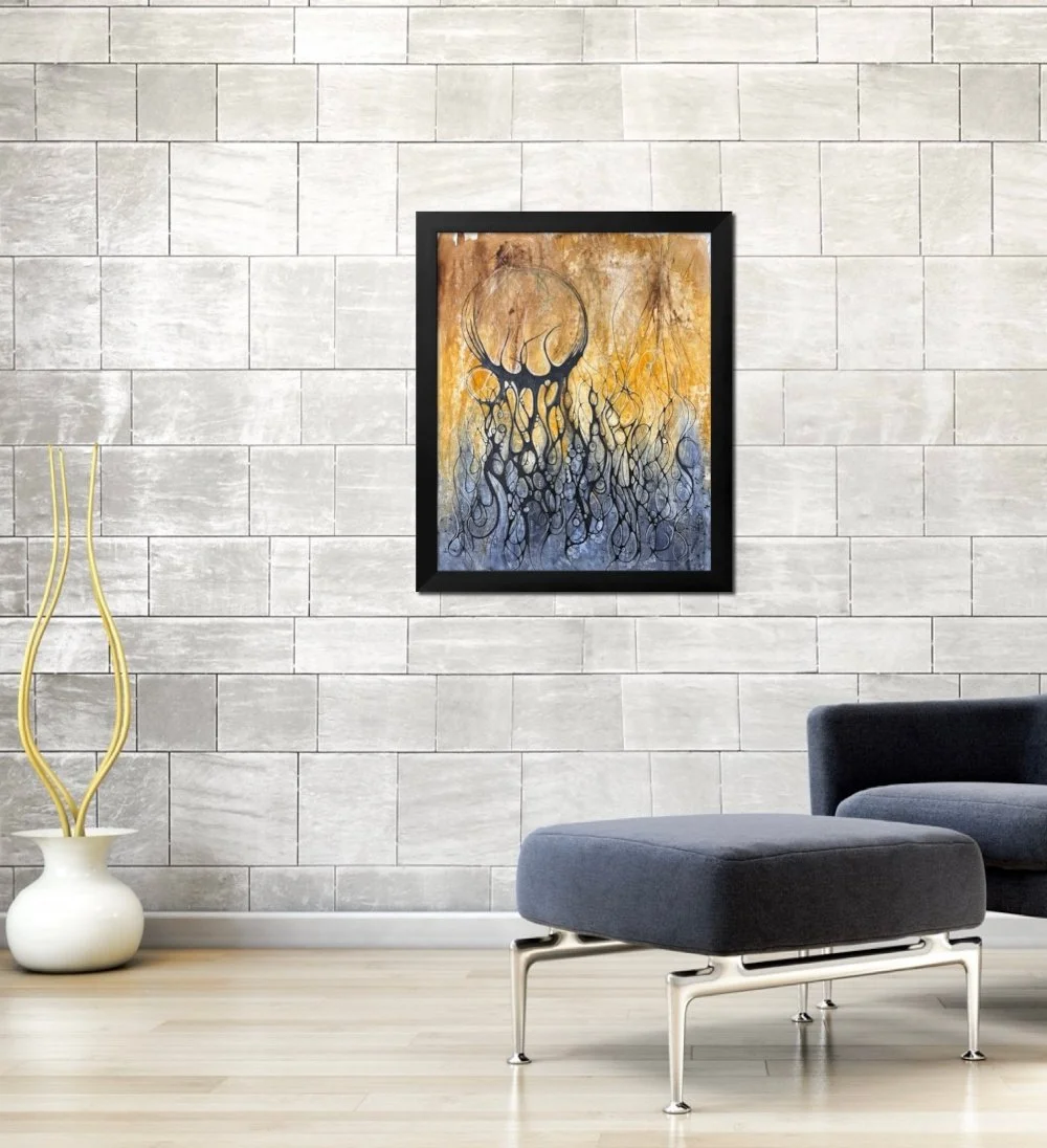 Exemple de décor l'aquarelle bleu et orange réalisée par Martine Giguère