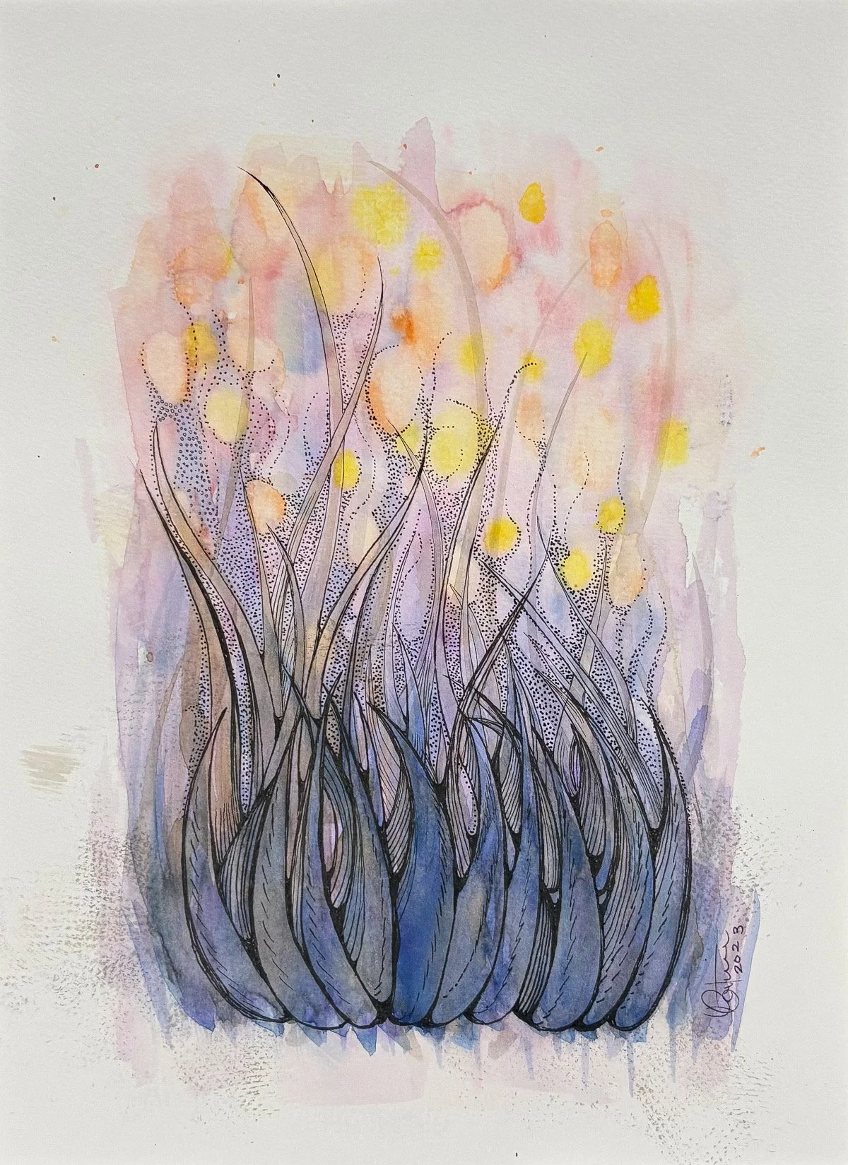 Feux follets - aquarelle et encre, 9x12, 100$