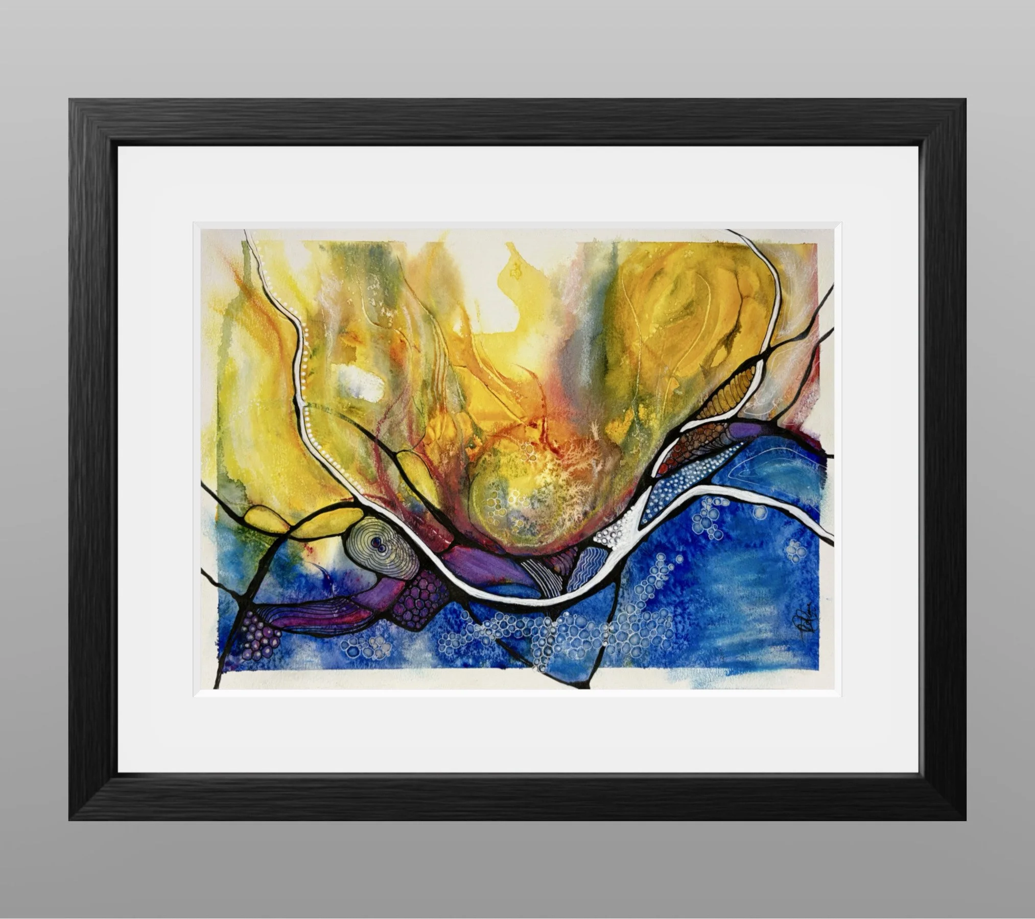 Aquarelle aux teintes jaune et bleu réalisée par Martine Giguère