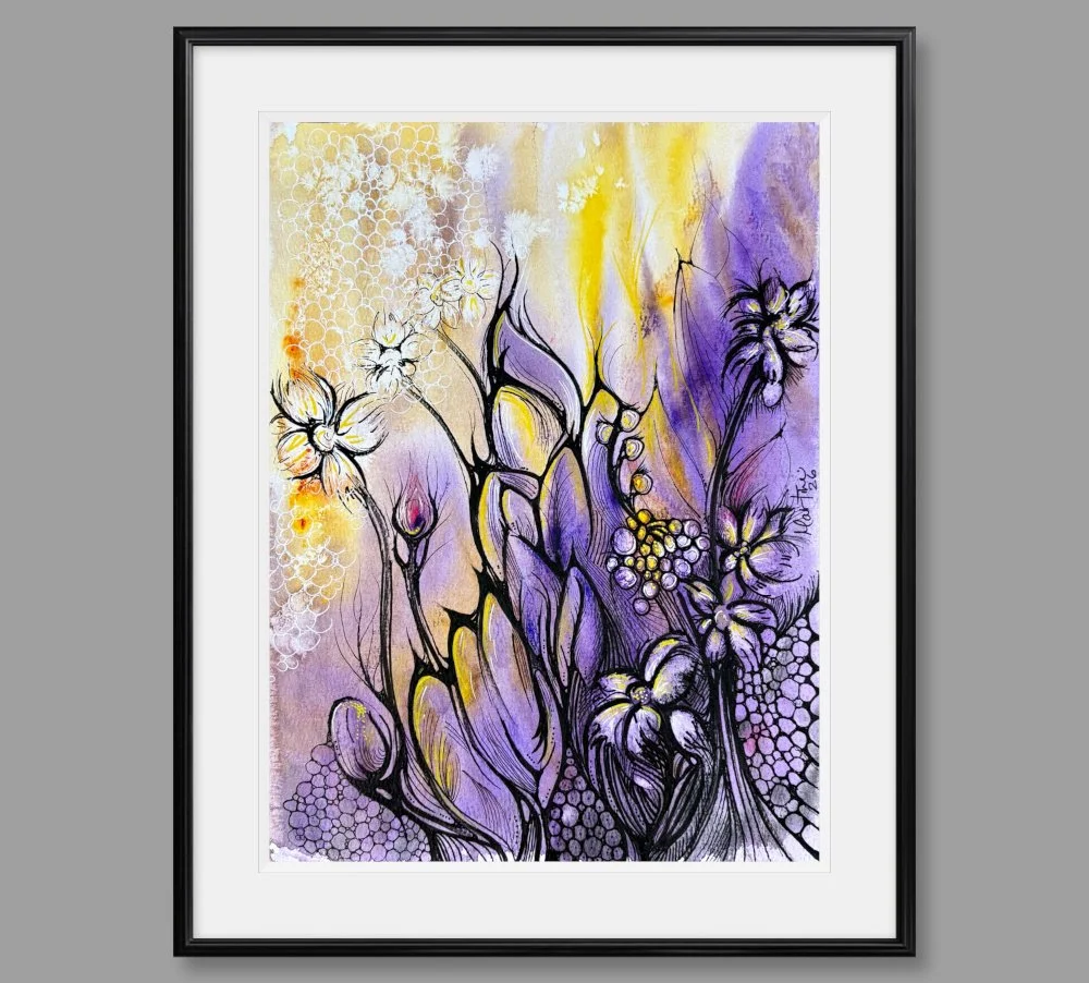 Exemple de cadre de l'aquarelle violet et jaune réalisée par Martine Giguère