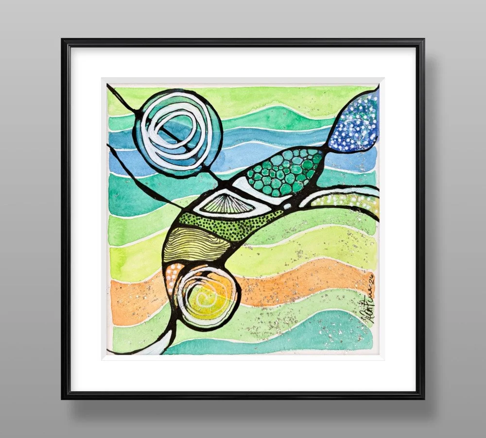 Exemple de cadre de l'aquarelle aux tons aquatiques réalisée par Martine Giguère