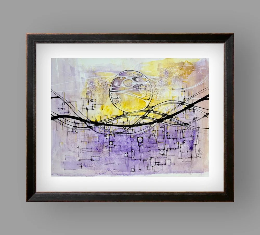 Exemple de cadre de l'aquarelle jaune et violet réalisée par Martine Giguère