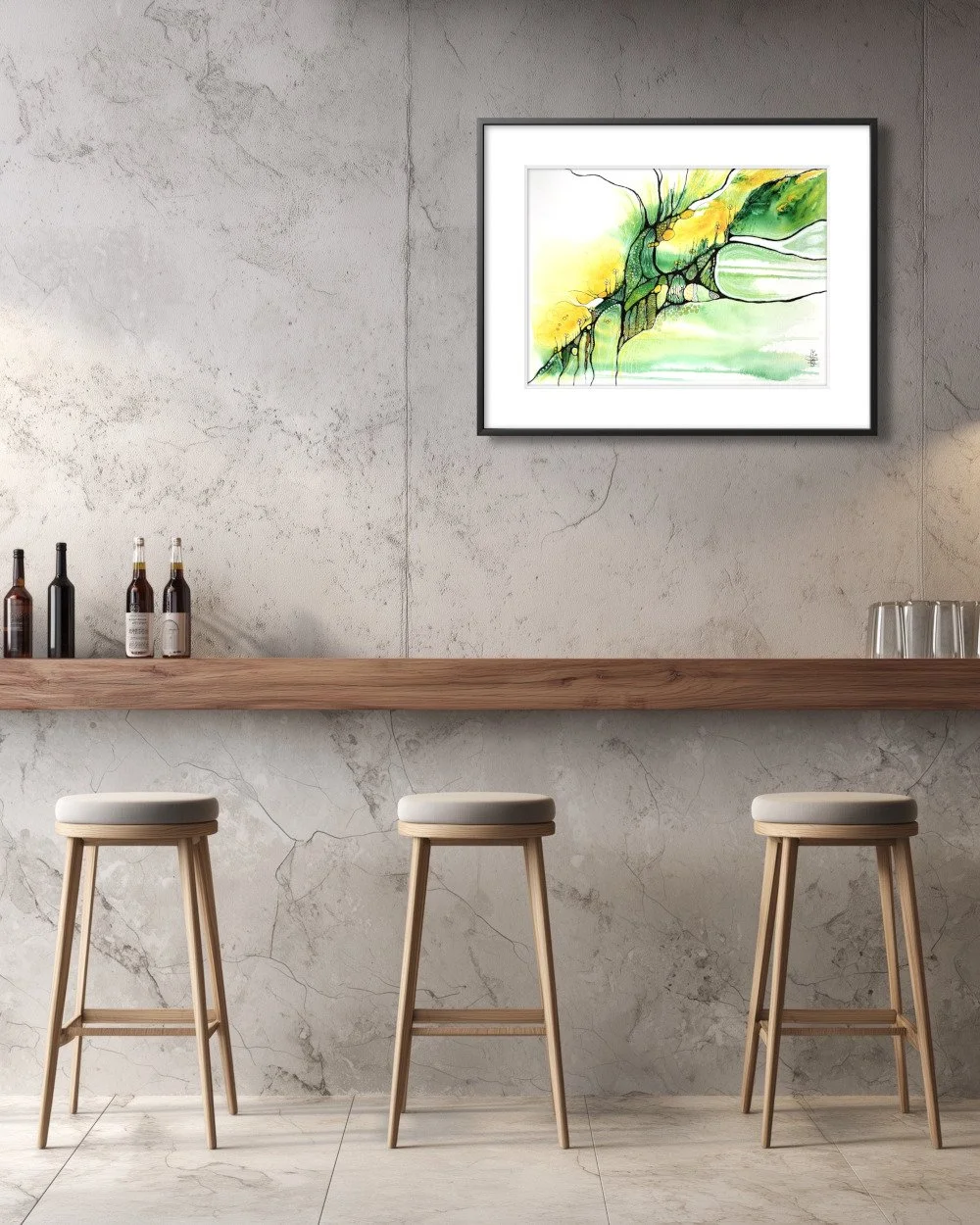 Exemple de décorde l'aquarelle aux teintes jaune et vert réalisée par Martine Giguère