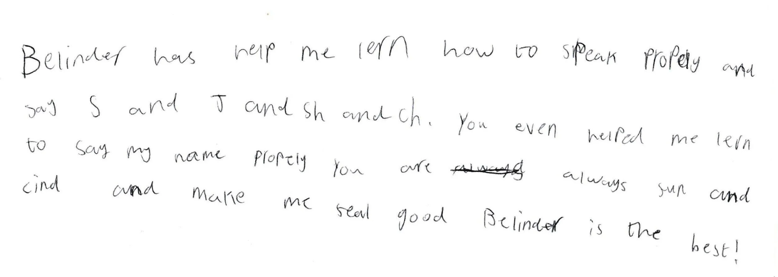 Handwritten note praising Belinder for teaching and helping with pronunciation and confidence.