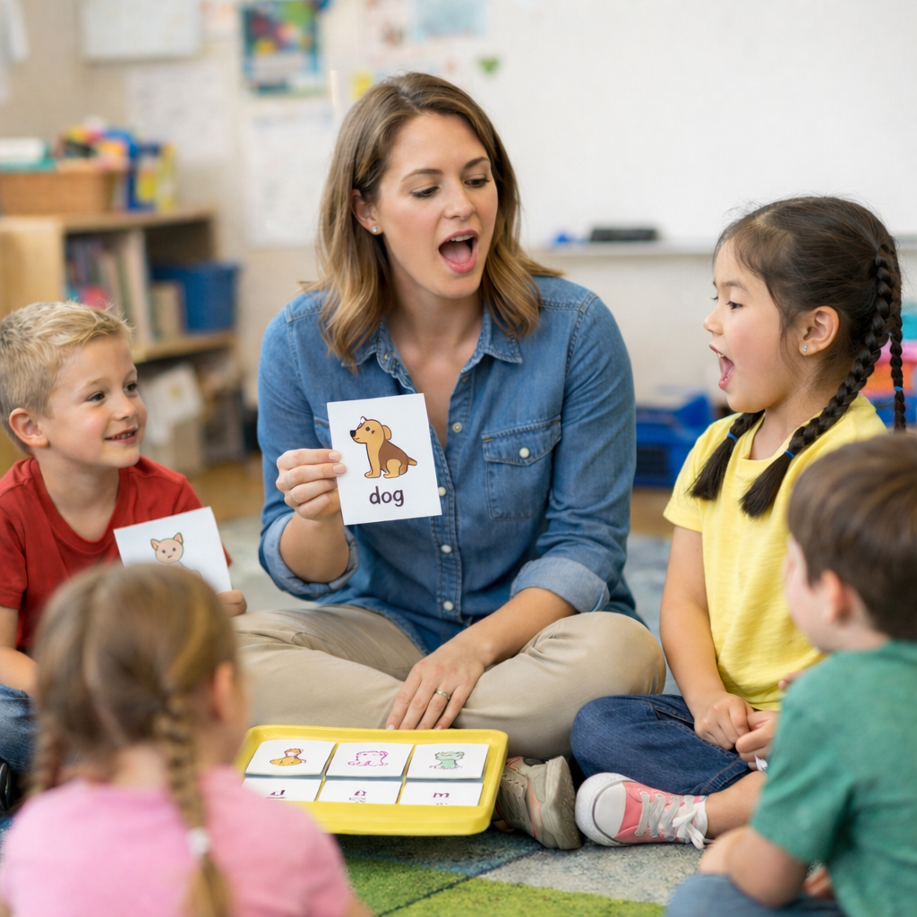 Teacher with Kids on Floor Mat with Dog Card.png
