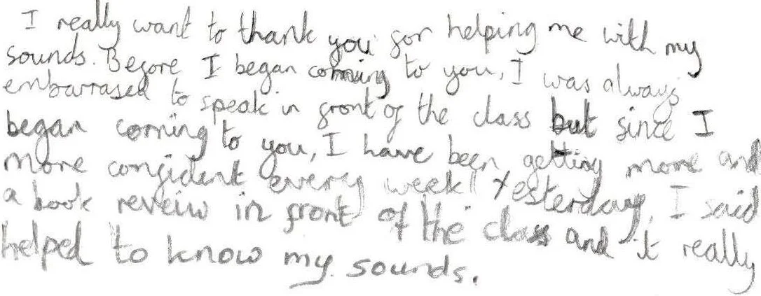 Handwritten letter expressing gratitude for help with sounds and confidence in speaking in class.