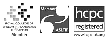 Logos of organizations, including the Royal College of Speech & Language Therapists, ASLTIP, and HCPC, on a black background.
