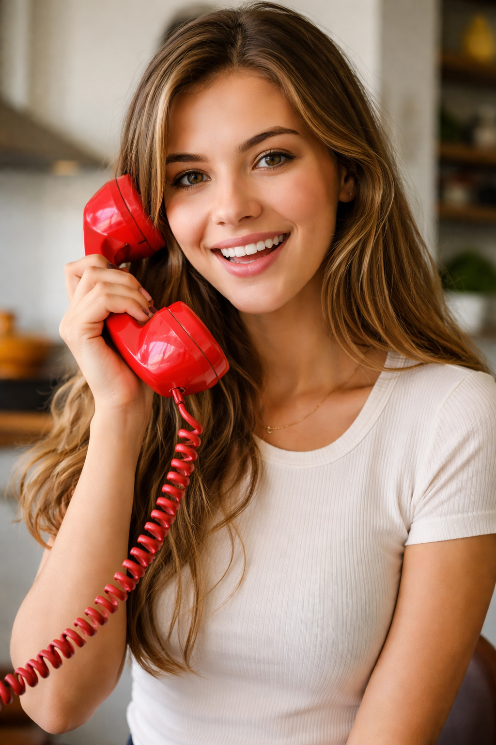 Young woman answering red phone.png