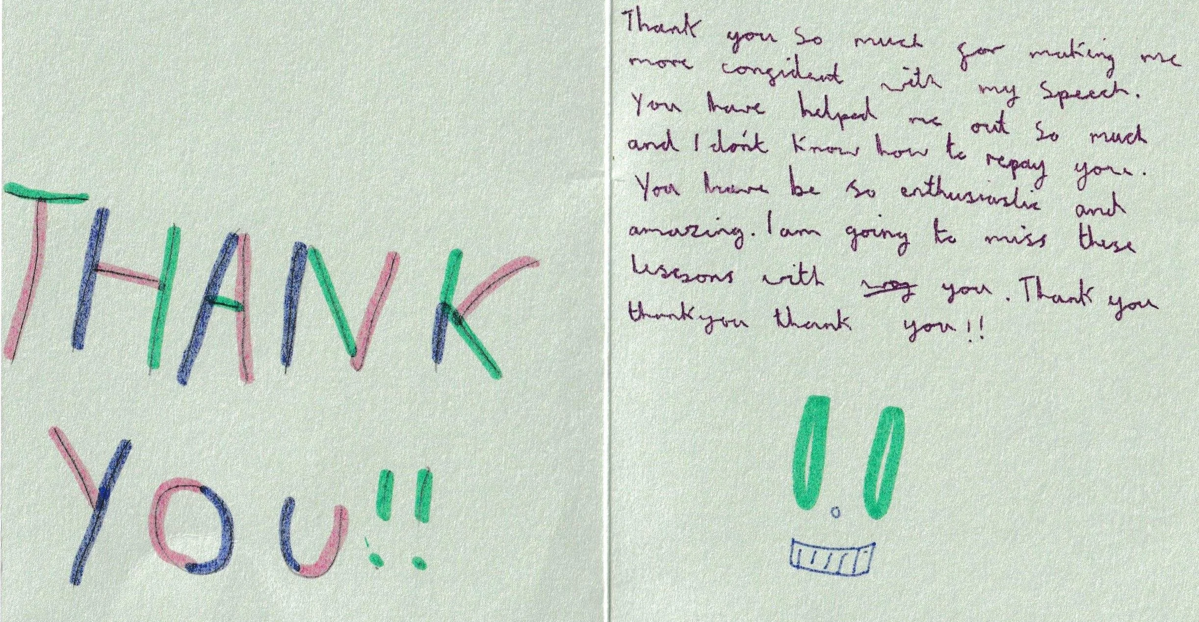 A handwritten thank you note divided into two sections. The left section features the words 'THANK YOU!!' written in colorful, large letters. The right section contains a handwritten message in purple ink expressing gratitude, and a green smiley face with a blue mouth.