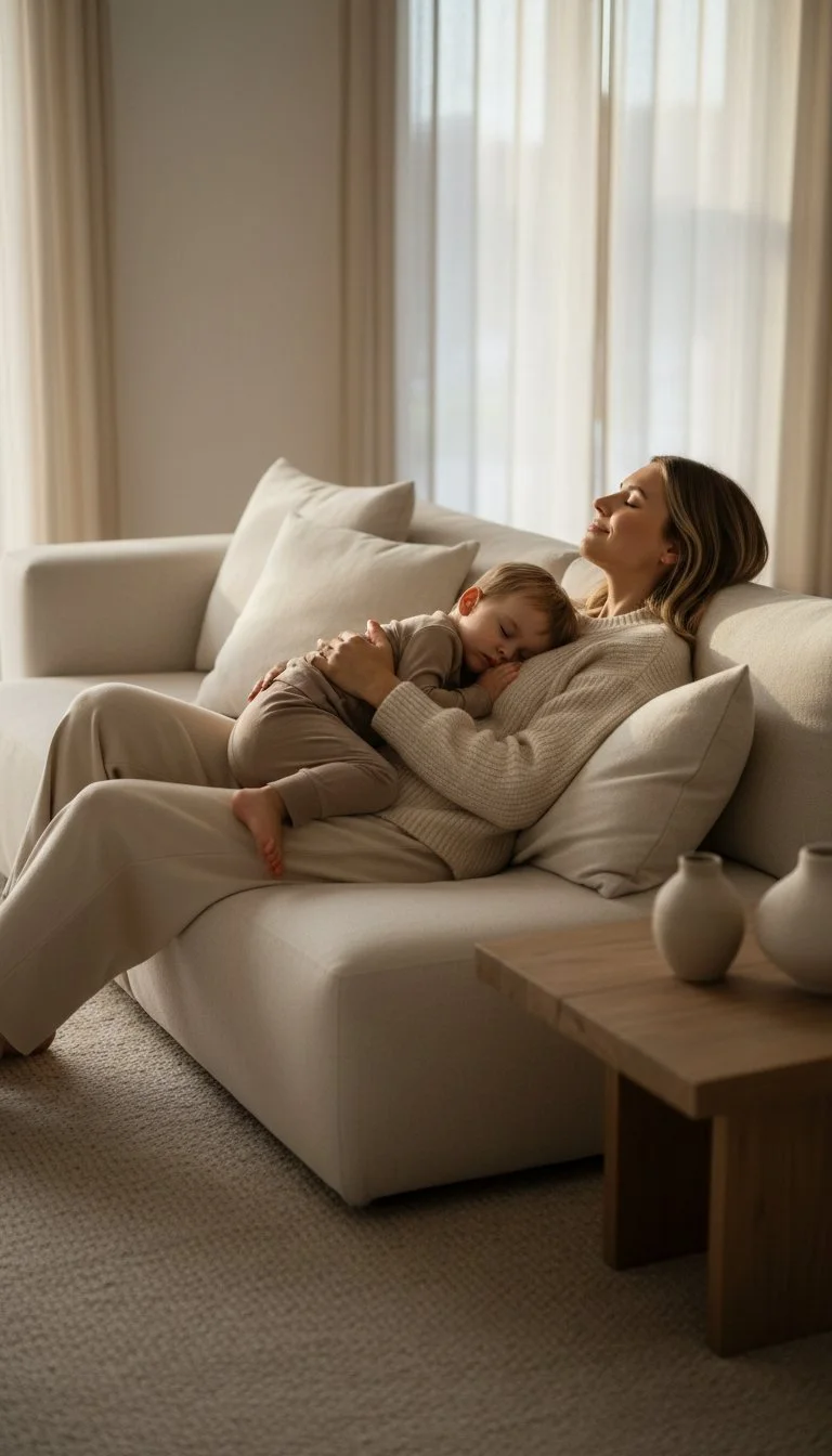 Mother holding sleeping child on couch in soft natural light, representing emotional safety and maternal connection