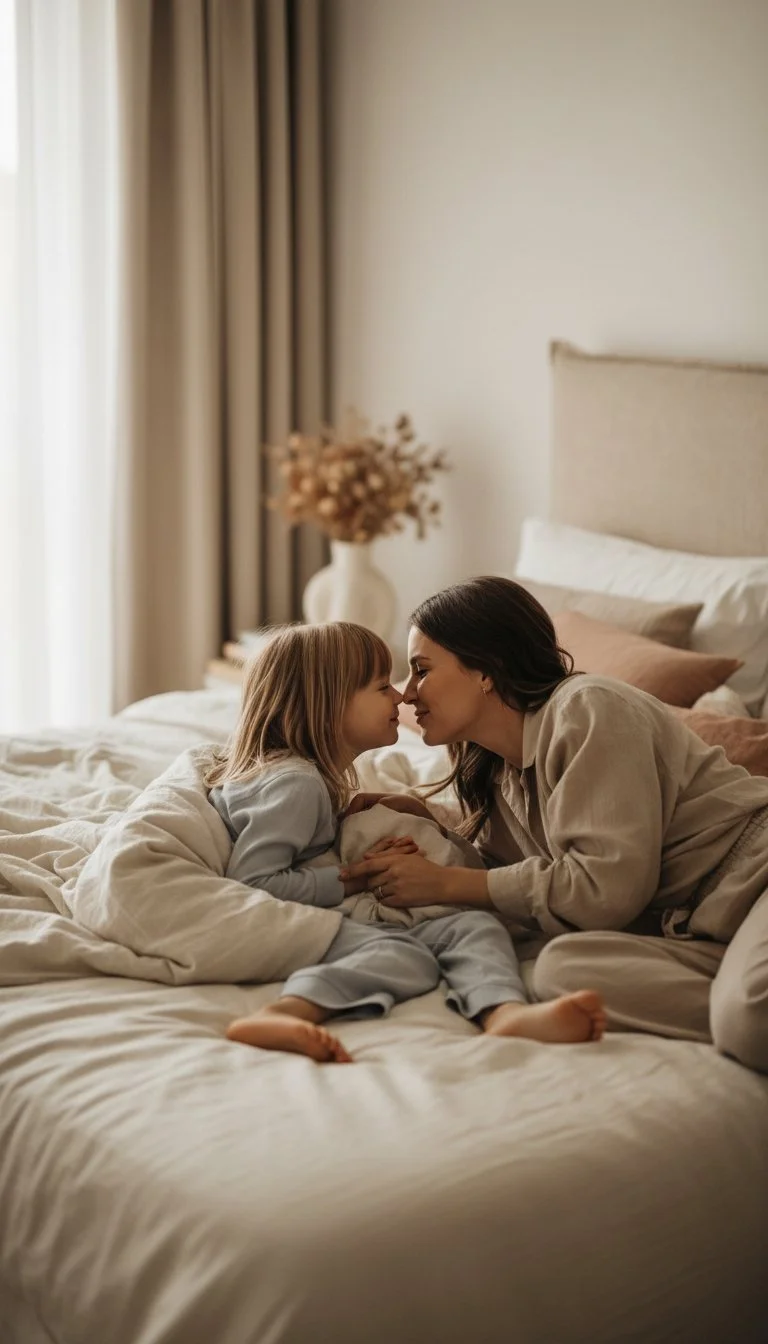 Mother and child gently touching foreheads, representing trust, connection, and emotional bonding