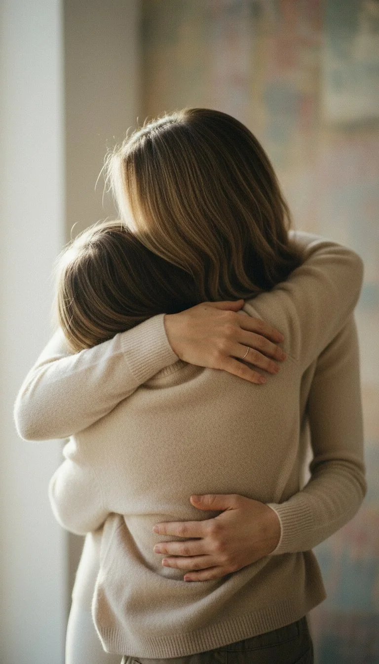 Close embrace between mother and child, representing emotional healing and support after reflection