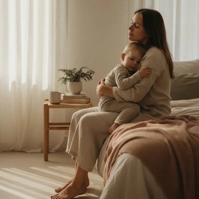 mother holding her child in a quiet morning moment