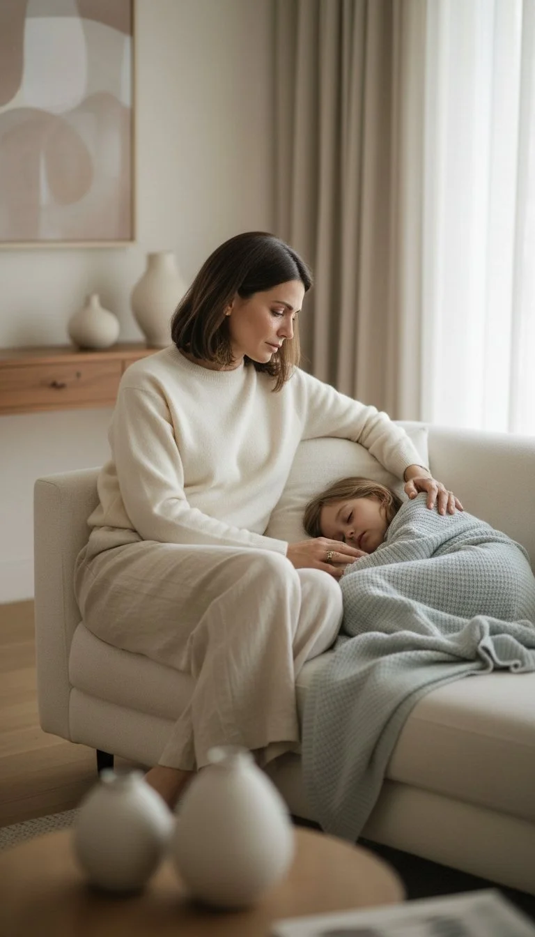 Mother holding child close on couch, representing secure attachment and emotional safety for both mother and child