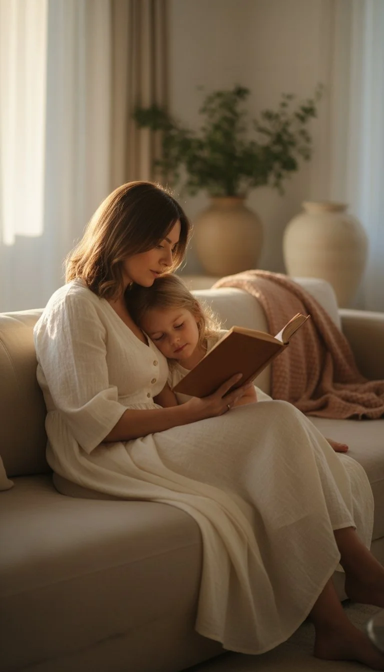 Mother reading with child in calm environment, representing slow parenting and emotional presence without rushing