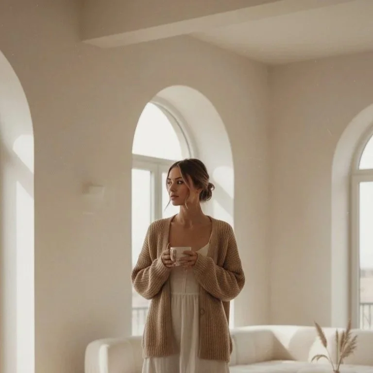 Mother standing in soft morning light holding a mug in a neutral living room, reflecting quietly.