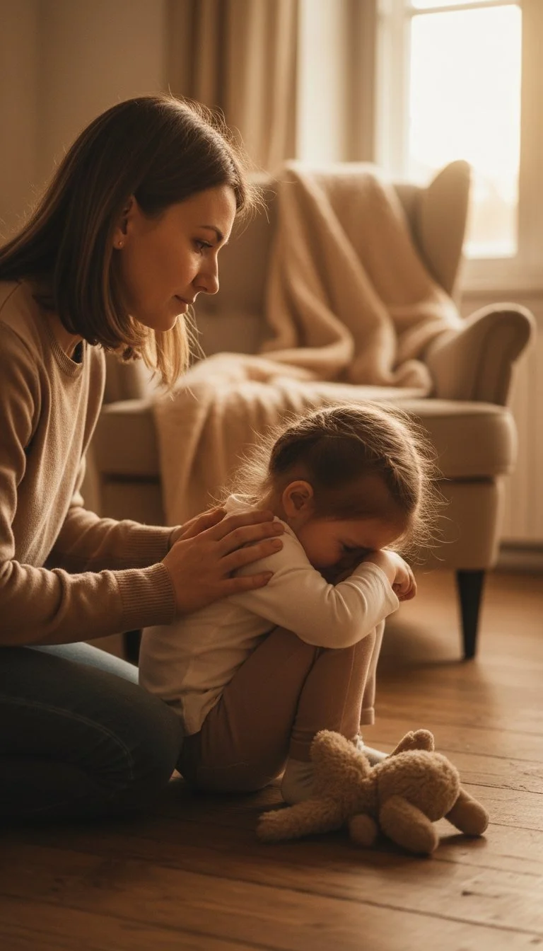 Mother kneeling to comfort upset child, illustrating emotional attunement and responding to feelings in parenting