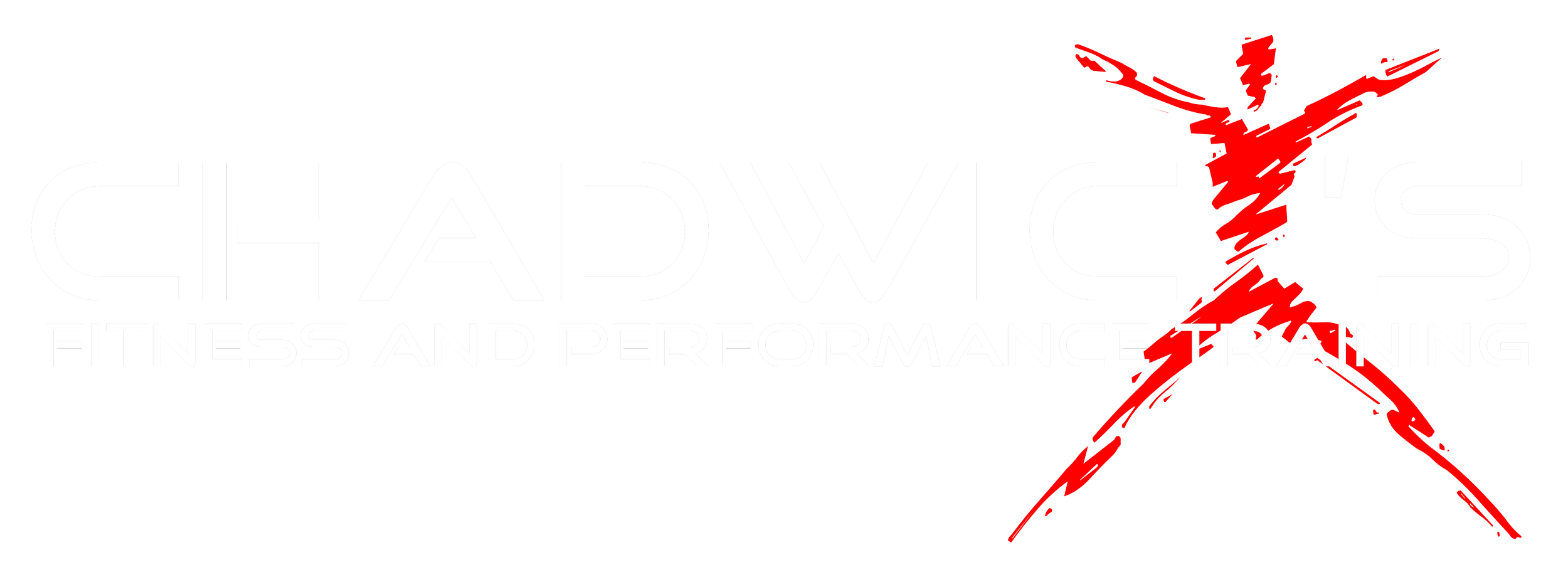 Logo for Chadwick's Fitness and Performance Training with white text, a red lightning bolt, and a black background.