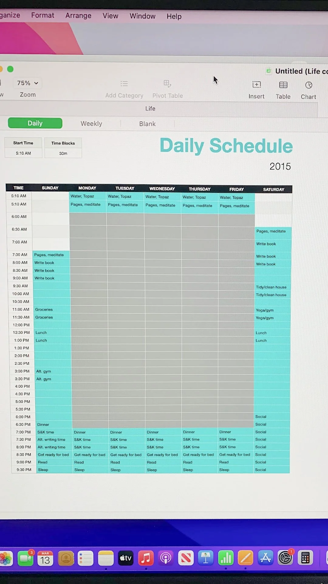 A digital daily schedule planner displayed on a computer screen, showing activities organized by time for each day of the week, with turquoise highlighting for scheduled tasks.