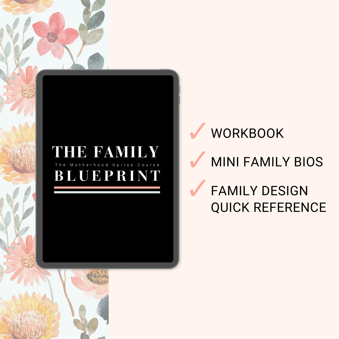 The image features the cover of a book titled "The Family Blueprint" with the subtitle "The Motherhood Uprise Course." Next to the book are checkmarks followed by the words "Workbook," "Mini Family BIOS," and "Family Design Quick Reference." The background is a pastel pink with a floral pattern on the left side.