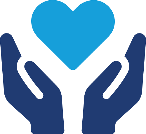 Illustration of two dark blue hands holding up a blue heart.