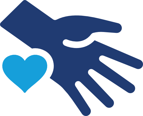 A dark blue hand reaching out with a light blue heart nearby.