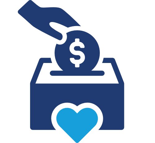 Icon of a hand placing a dollar coin with a dollar sign into a donation box with a blue heart on it.