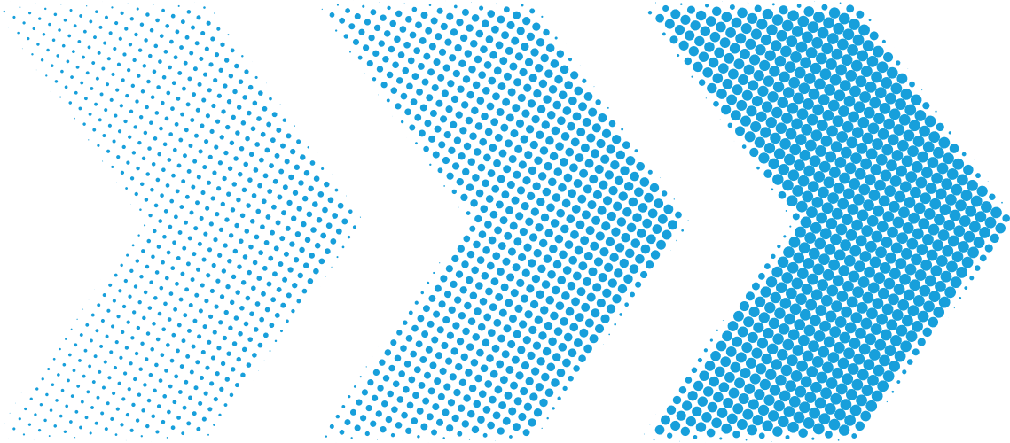 Three downward-pointing arrow icons made of blue dots, arranged side by side on a black background.