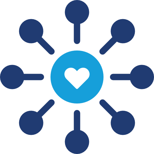 A heart inside a smaller blue circle at the center of a larger blue circle, with eight smaller blue circles connected around it, forming a network or connected diagram.