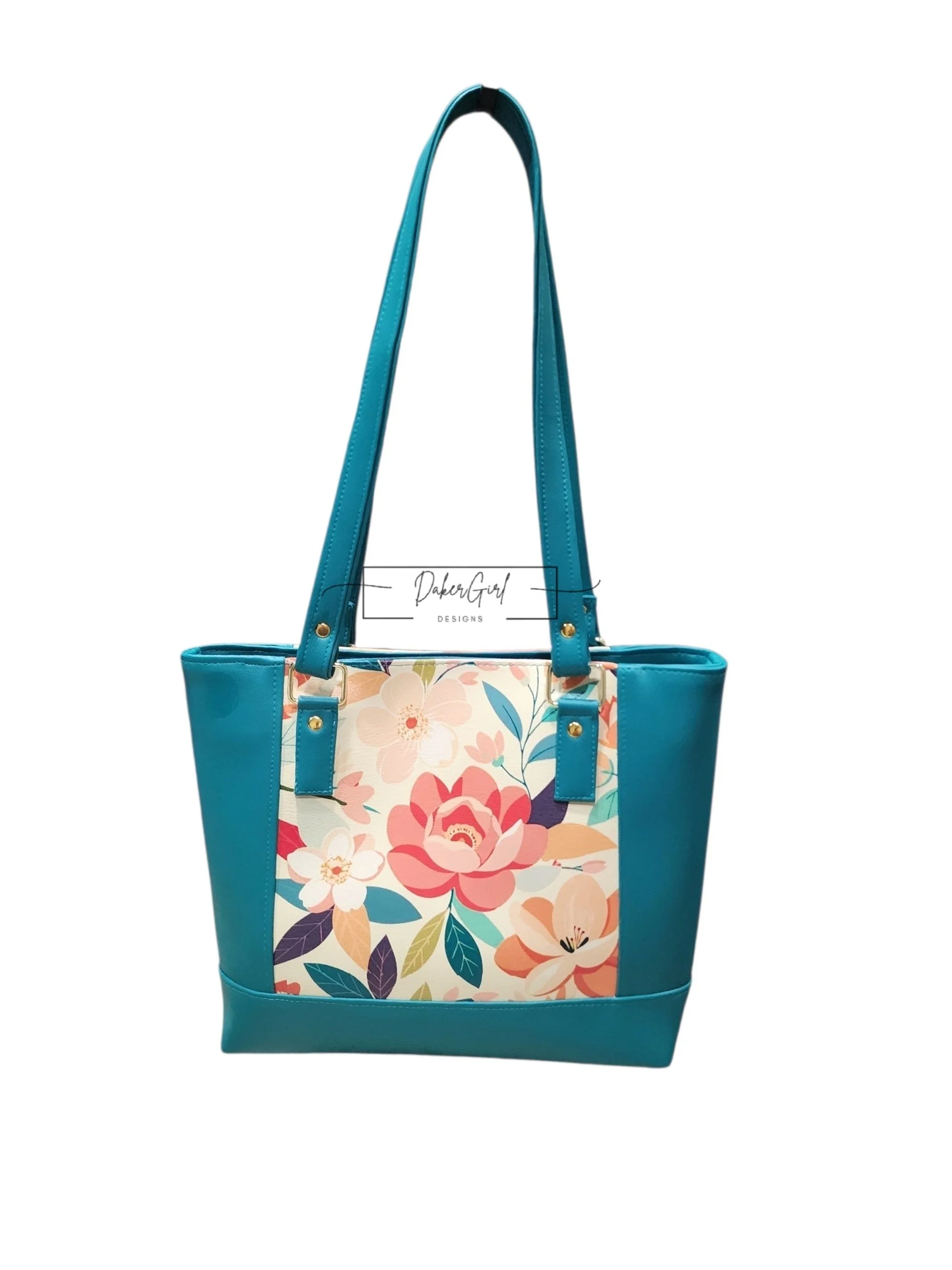 Teal Floral Color Block Tote Purse