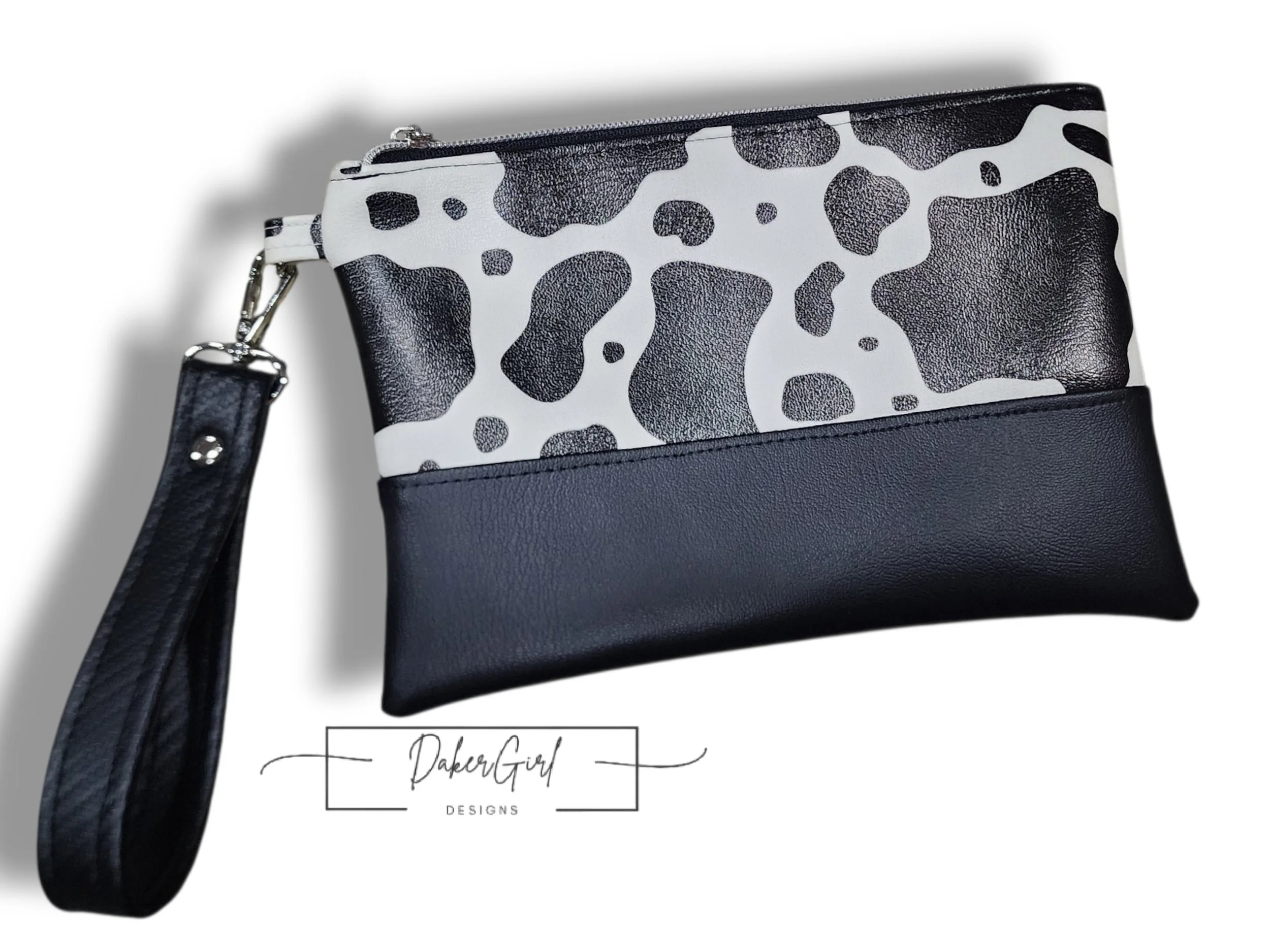 Black & White Cow Print Wristlet – Vinyl Zipper Pouch